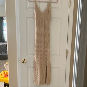 Beige Crochet Maxi Slip Dress with V-Neck